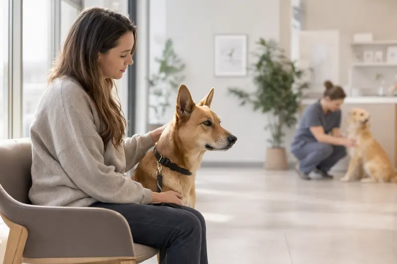 Ein American Dingo Hund sitzt entspannt neben seinem Besitzer in einem modernen Tierarztwartezimmer.